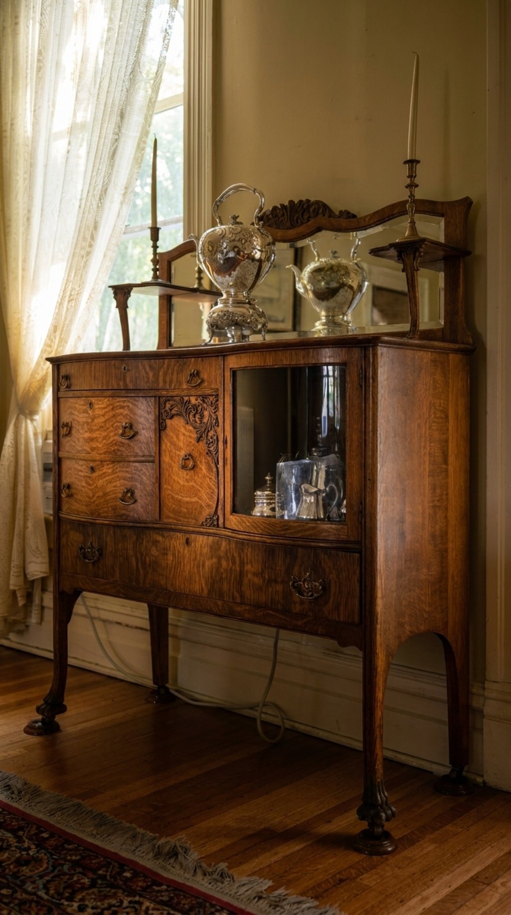 Antique dining room cabinet with silver teapots and candlesticks
